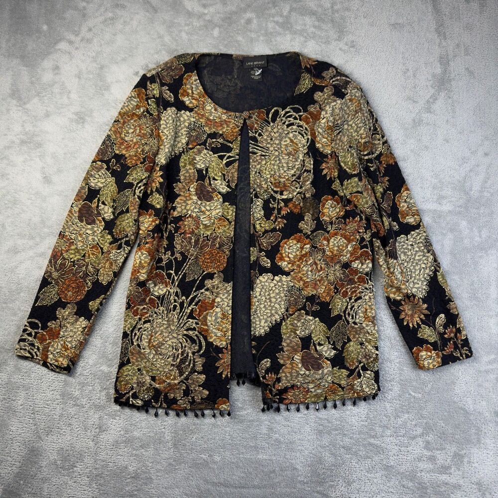 Lane Bryant Cardigan Womens 14W Brown Floral Beaded Open Front Shoulder Pads Top